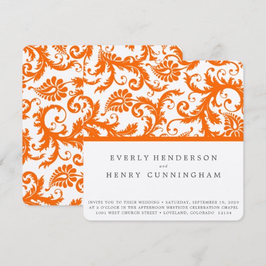 Oranje Damask Monogram Wedding Kaart (Voorkant / Achterkant)