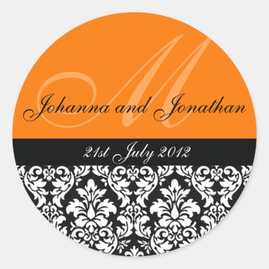 Oranje Damask Monogram Wedding Stickers (Voorkant)