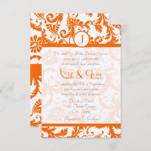 Oranje Damask Monogram WeddingRSVP Kaart (Voorkant / Achterkant)