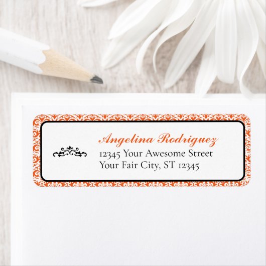 Oranje Damask Pattern Afstuderen Etiket (Insitu)
