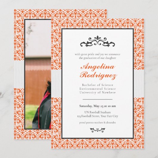 Oranje Damask Pattern Foto Afstuderen Invitation Kaart (Voorkant / Achterkant)