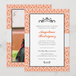 Oranje Damask Pattern Foto Afstuderen Invitation Kaart