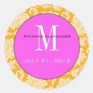 Oranje Damask Pink Monogram Wedding Sticker