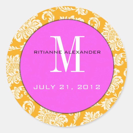 Oranje Damask Pink Monogram Wedding Sticker (Voorkant)