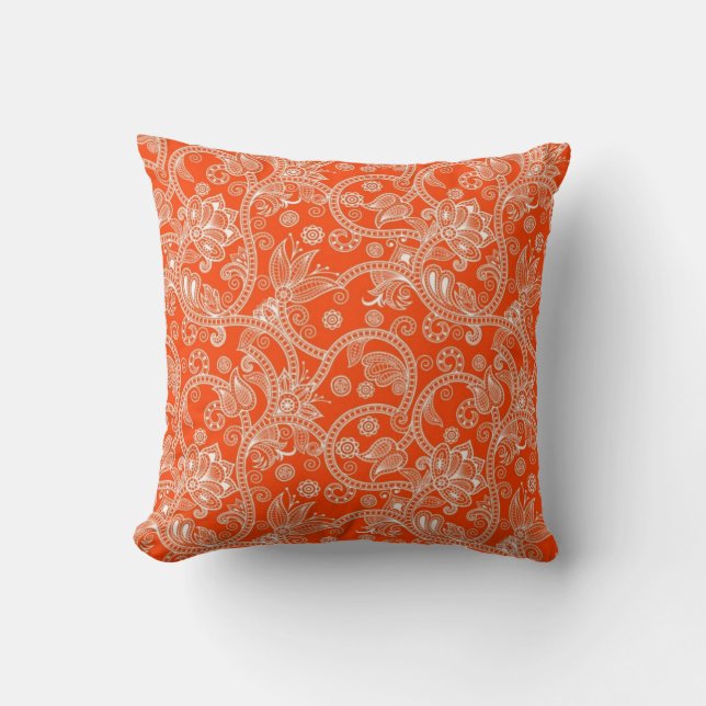 Oranje Damask Swirl Pattern Kussen (Voorkant)