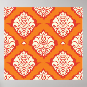 Oranje damast behang: bloemennaadloos. poster