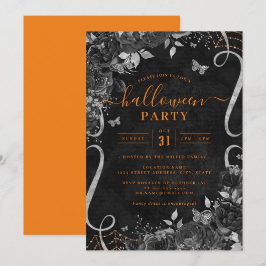 Oranje Dark Spooky Floral Scroll Halloween Party Kaart (Voorkant / Achterkant)