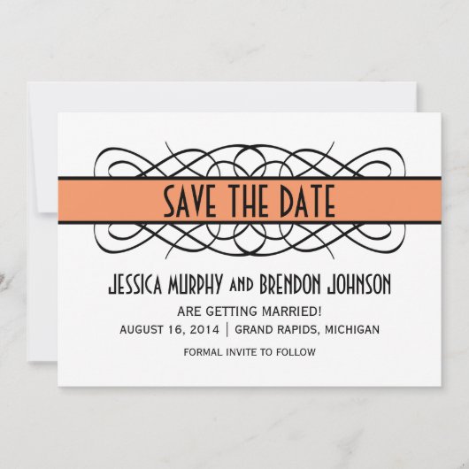 Oranje Deco Flourish Save the Date Uitnodiging (Voorkant)