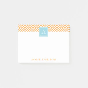 Oranje diamantpatroon en Aqua Monogram Post-it® Notes