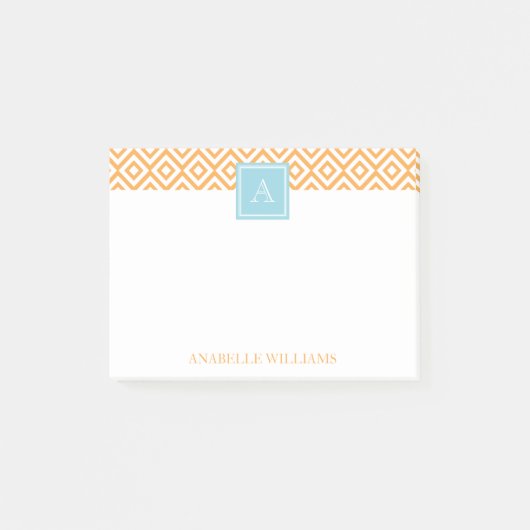 Oranje diamantpatroon en Aqua Monogram Post-it® Notes (Voorkant)
