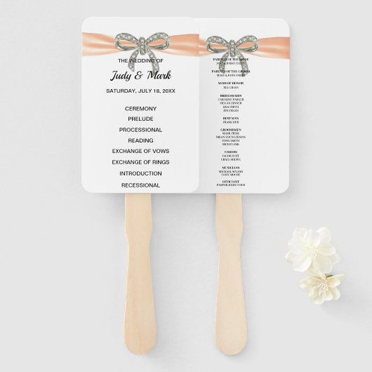 Oranje Diamond Bow Trouwprogramma Handwaaier (Voorkant en achterkant)