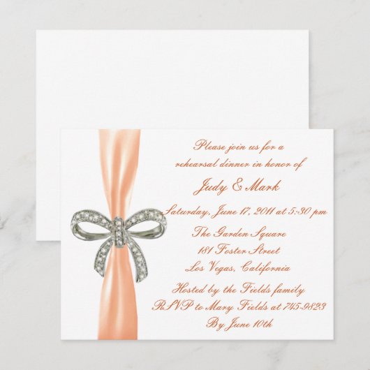 Oranje Diamond Bow Wedding Rehearsal Dinner Invite Kaart (Voorkant / Achterkant)