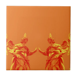 Oranje digitale kleurenkunst met beeldhouwwerken tegeltje