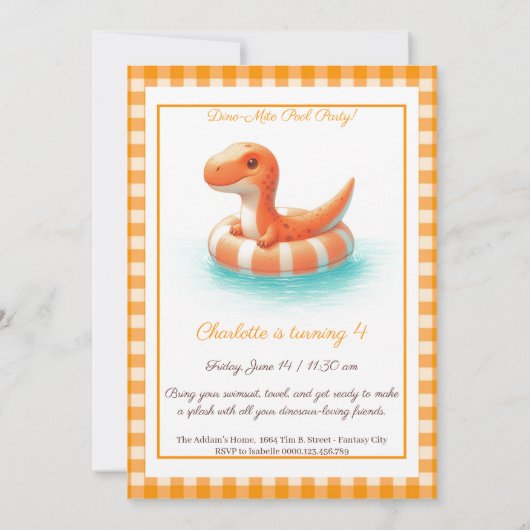 Oranje Dino-Mite Verjaardag Pool Party Uitnodiging (Achterkant)