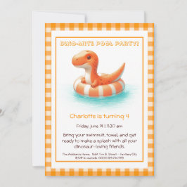 Oranje Dino-Mite Verjaardags Zwembad Feest Uitnodi Kaart