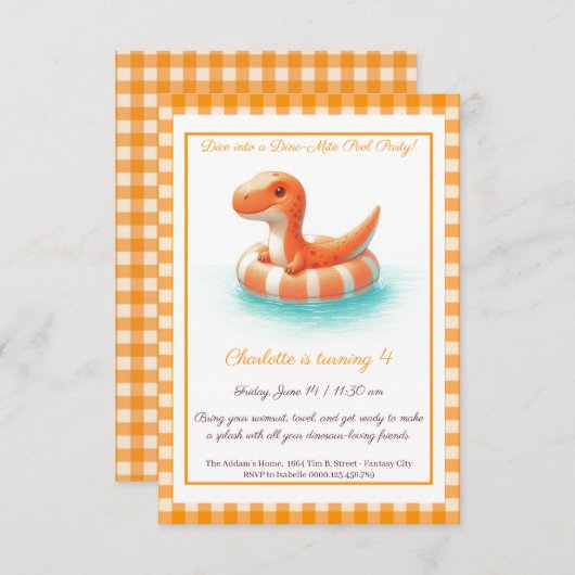 Oranje Dino Pool Party – Verjaardagsuitnodiging Kaart (Voorkant / Achterkant)