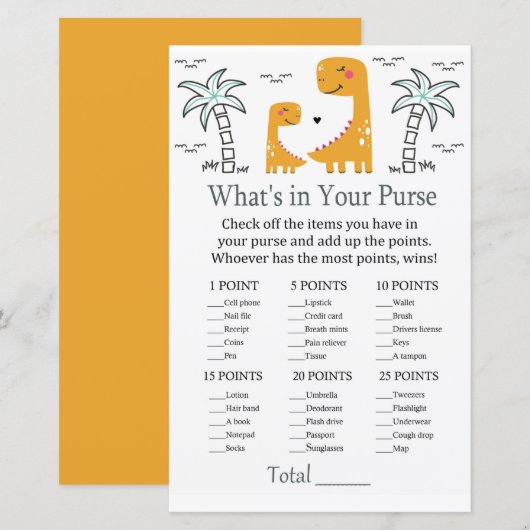 Oranje Dino Wat zit er in je handtas baby shower (Voorkant / Achterkant)