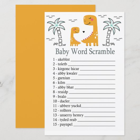 Oranje Dinosaur Baby word scramble game (Voorkant / Achterkant)