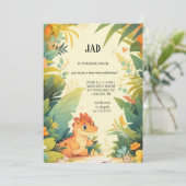 oranje dinosaurus verjaardagsuitnodiging kaart (Staand voorkant)