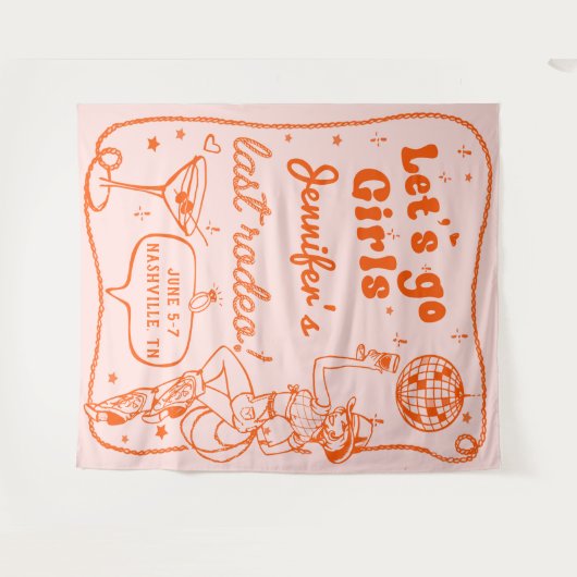 Oranje Disco Cowgirl Rodeo Bachelorette Weekend Wandkleed (Voorkant (horizontaal))