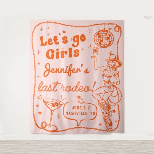 Oranje Disco Cowgirl Rodeo Bachelorette Weekend Wandkleed (Voorkant)