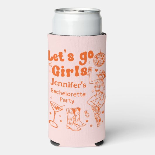 Oranje Disco Rodeo Cowgirl Bachelorette Koeler (Seltzer Achterkant)