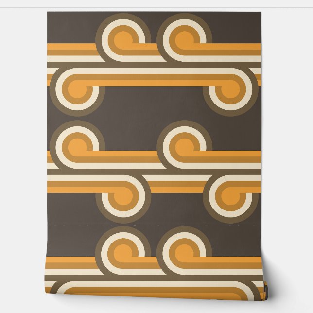 Oranje donkerbruin ivoor cirkels golvende lijnen p behang (Afrollen)