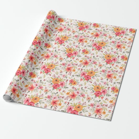 Oranje Doodle Garden Flower Pattern Cadeaupapier (Uitgerold)