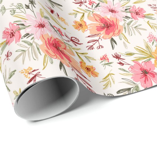 Oranje Doodle Garden Flower Pattern Cadeaupapier (Rol Hoek)