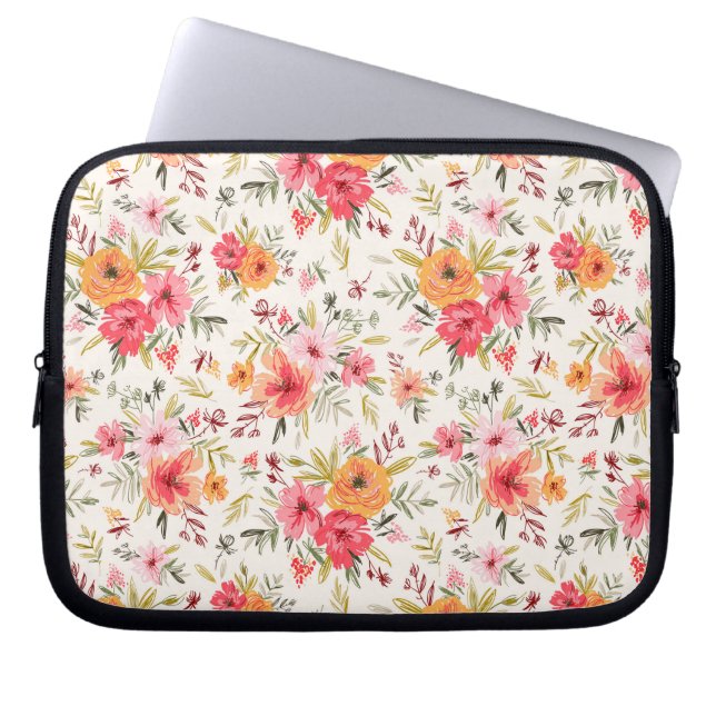 Oranje Doodle Garden Flower Pattern Laptop Sleeve (Voorkant)