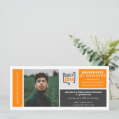 Oranje dozen & foto brede afstudeeruitnodiging (Staand voorkant)