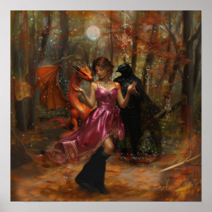 Oranje Dragon Raven Witchy AI Art Matte Waarde Poster