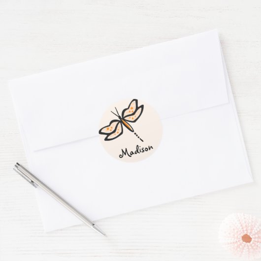 Oranje dragonfly ronde sticker (Envelop)