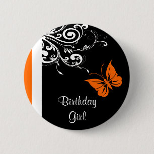Oranje driemaandelijkse wervelingen ronde button 5,7 cm