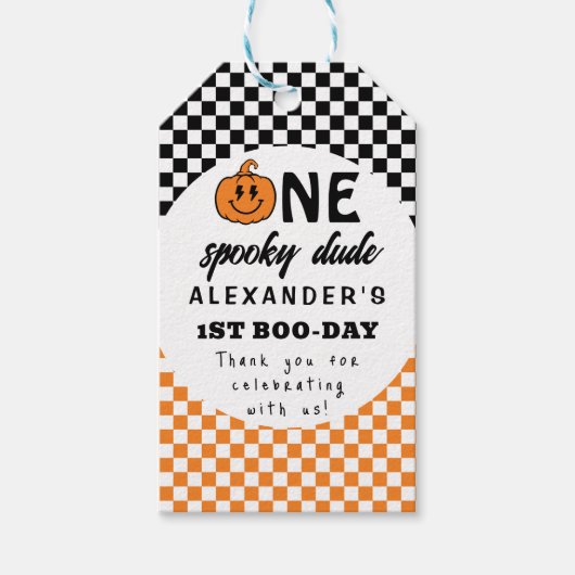 Oranje Eén Griezelige Kerel Halloween 1e Verjaarda Cadeaulabel (Voorkant)