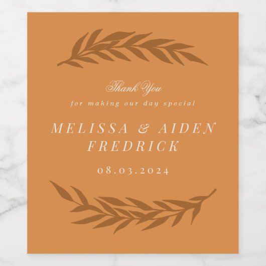 Oranje Eenvoudige Bijkantoor Rustic Autumn Wedding Wijn Etiket (Enkel label)