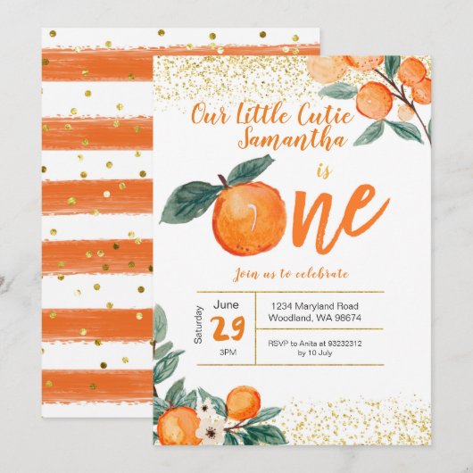 Oranje eerste verjaardagsuitnodiging kaart (Voorkant / Achterkant)