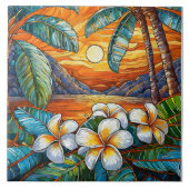 Oranje eiland zonsondergang Glas in lood kunst Tegeltje (Voorkant)