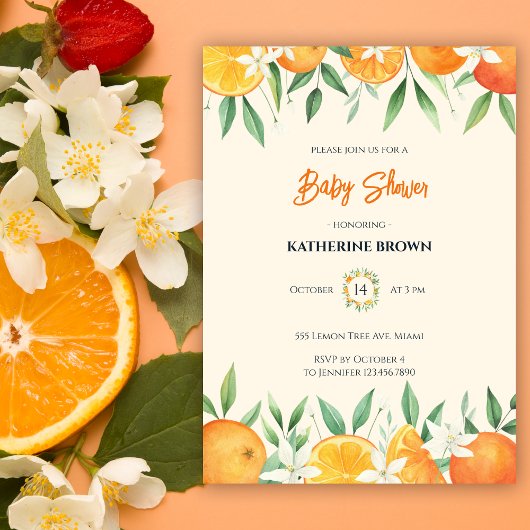 Oranje Elegant Citrus Botanisch Baby shower Kaart