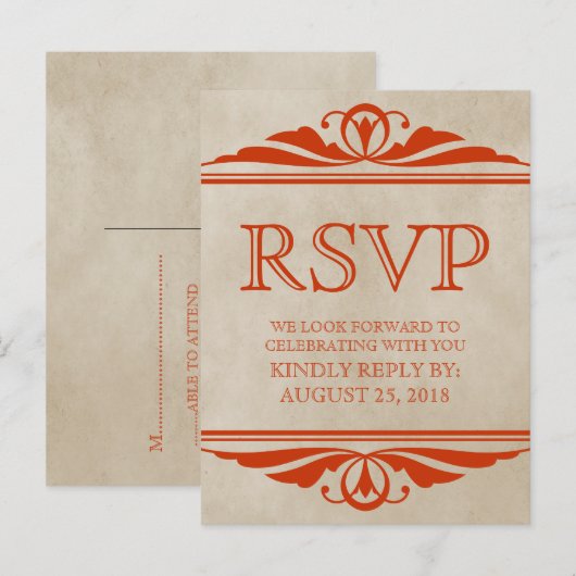 Oranje Elegant Deco RSVP Briefkaart (Voorkant / Achterkant)