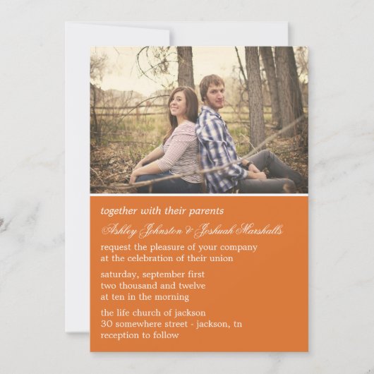 Oranje Elegant Photo Wedding Invitations Kaart (Voorkant)