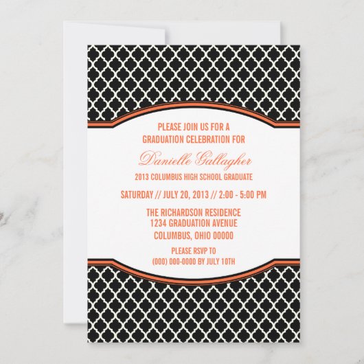 Oranje Elegant Quatrefoil Afstuderen Invitation Kaart (Voorkant)