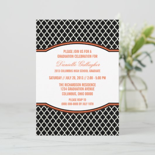 Oranje Elegant Quatrefoil Afstuderen Invitation Kaart (Staand voorkant)