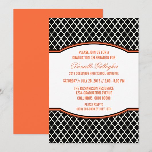 Oranje Elegant Quatrefoil Afstuderen Invitation Kaart (Voorkant / Achterkant)