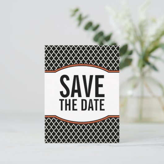 Oranje Elegant Quatrefoil Save the Date Briefkaart (Staand voorkant)