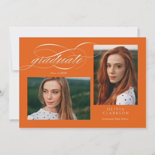 Oranje Elegant Script 3 Photo Graduation Party Kaart (Voorkant)