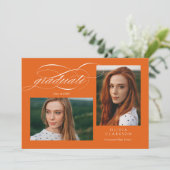 Oranje Elegant Script 3 Photo Graduation Party Kaart (Staand voorkant)