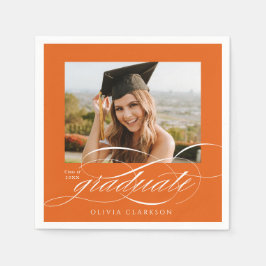 Oranje Elegant Script Photo Graduation Party Servet