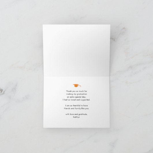 Oranje Elegant Script Photo Minimalist Afstuderen Bedankkaart (Binnen)