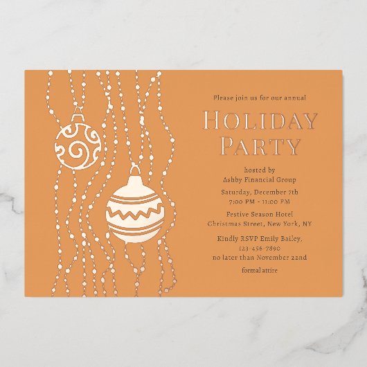 Oranje Elegante Kerst Party Zakelijke Vakantie Folie Uitnodiging (Voorkant)